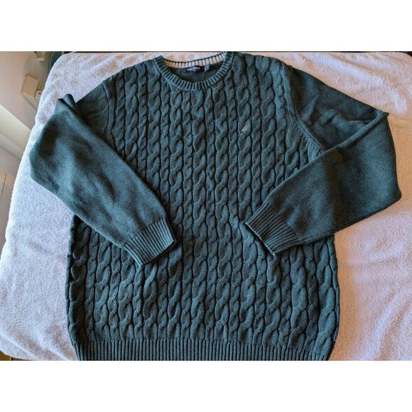 Vtg.  Nautica crewneck cable-knit dark green long sleeve sweater  Sz L - Picture 5 of 8